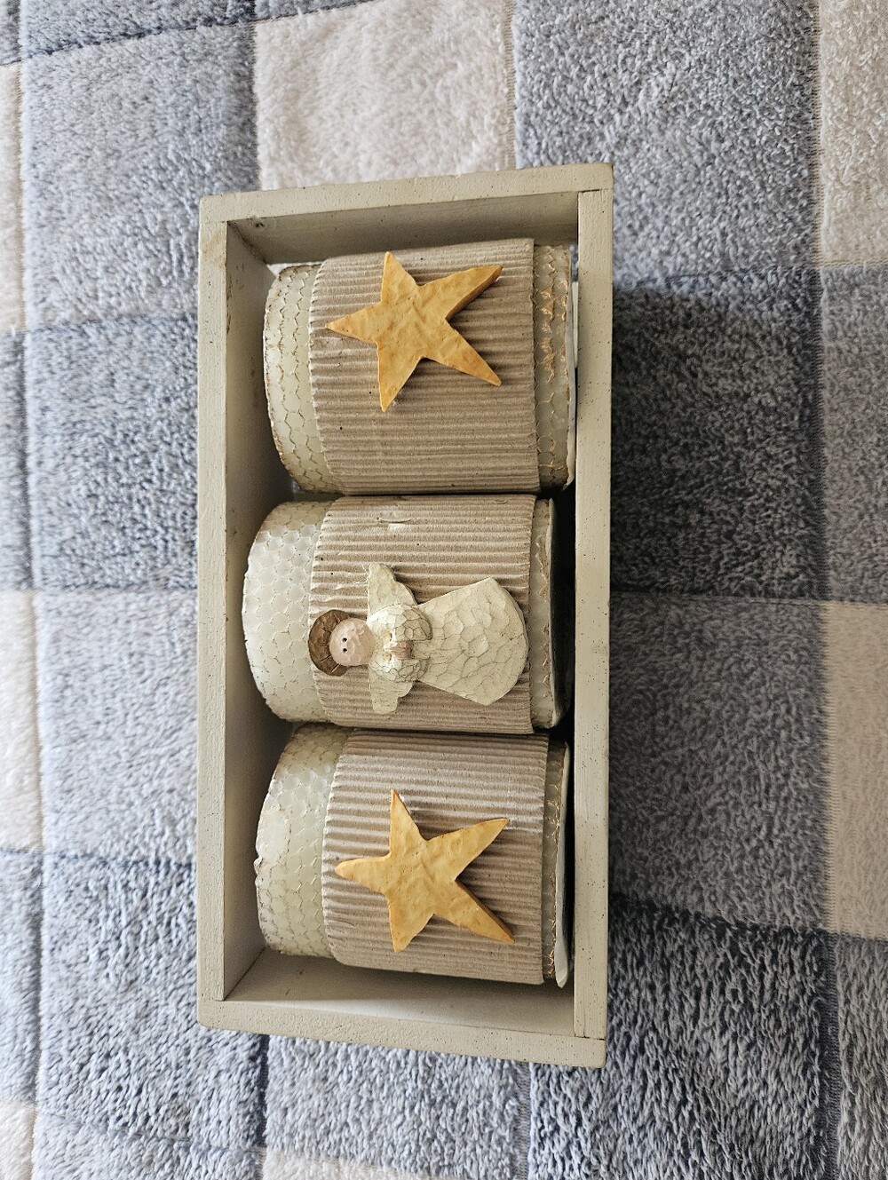 Decorative Cream Candle Trio with Yellow Star Accents And Angel